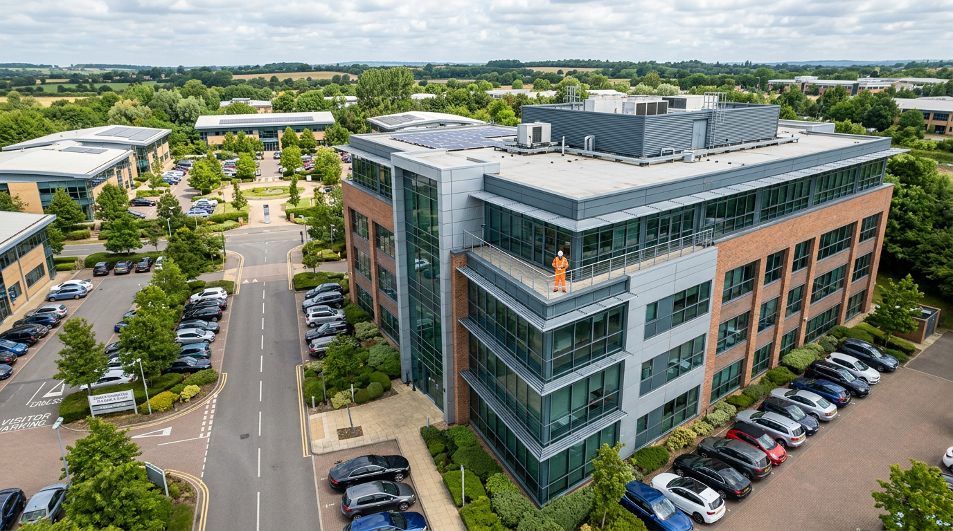 Commercial property survey being conducted in Hertfordshire business park by chartered surveyor
