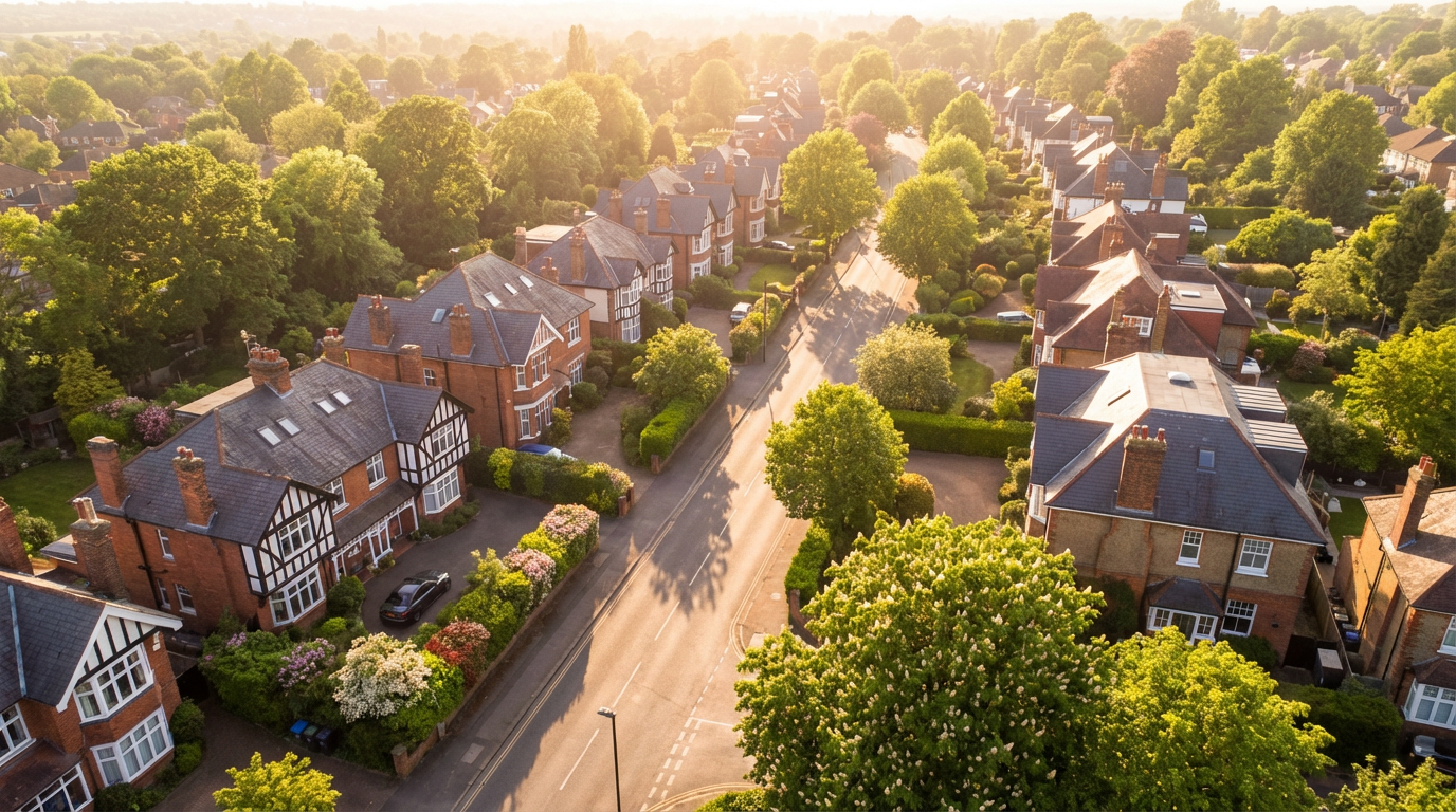 Aerial view of Watford residential area showing traditional British homes in Hertfordshire